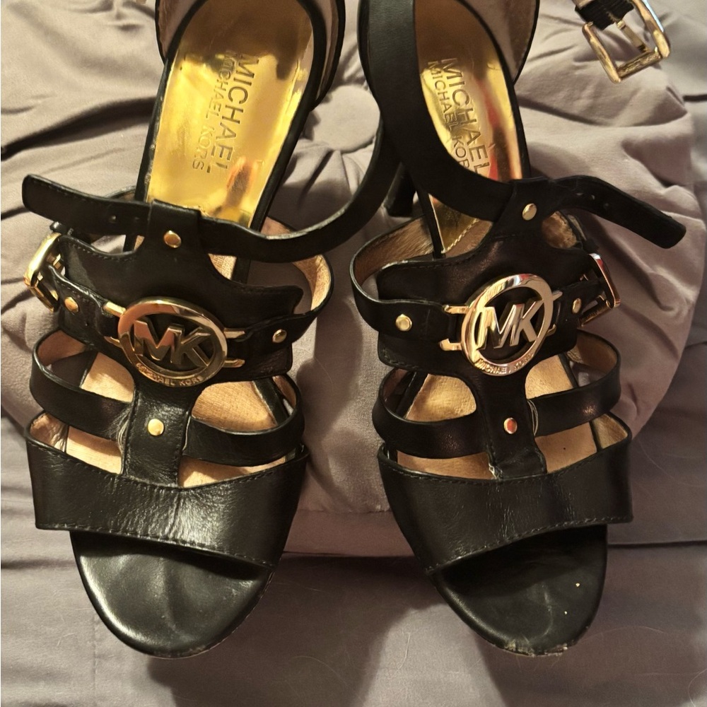 Michael Kors Black Leather Strappy Heels with Gold MK Medallions